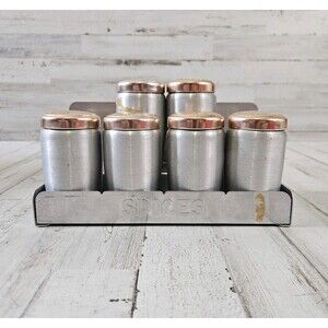 Vintage Aluminum Chrome Spice Canisters Copper Color Lids And Rack Kitchen
